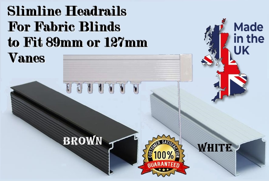 Slimline Vertical Blind Headrails available in Brown or White Colour for 89 mm or 127 mm width Slats